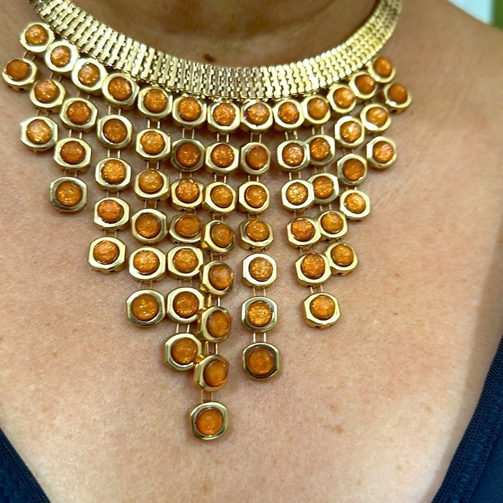 Goddess Bib Necklace Gold and Brown Queenly Beaded Egyptian